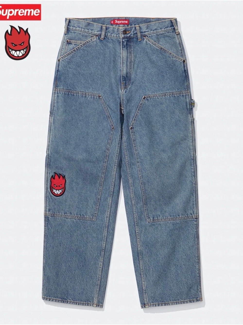 Supreme Relaxed Blue Denim Work Jeans with Red Flame Patch